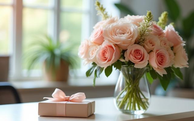 Corporate Gifting: Elegant arrangement of flowers and a gift box in a professional office setting.