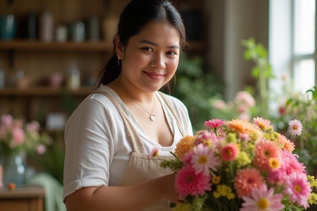 Tagapagtatag ng Siaux Blooms na masayang nag-aayos ng bulaklak